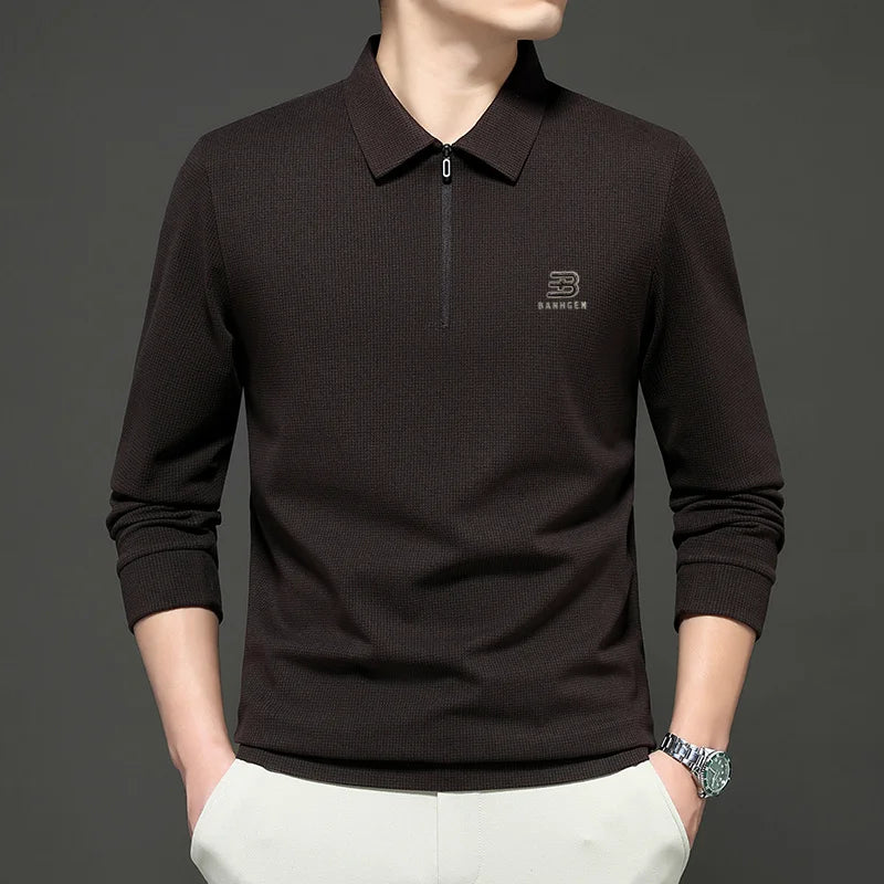 High Quality Polo Shirtspring and Autumn Long Sleeved Men's T-shirt Printed Pattern New Business Casual Solid Color Loos T-shirt