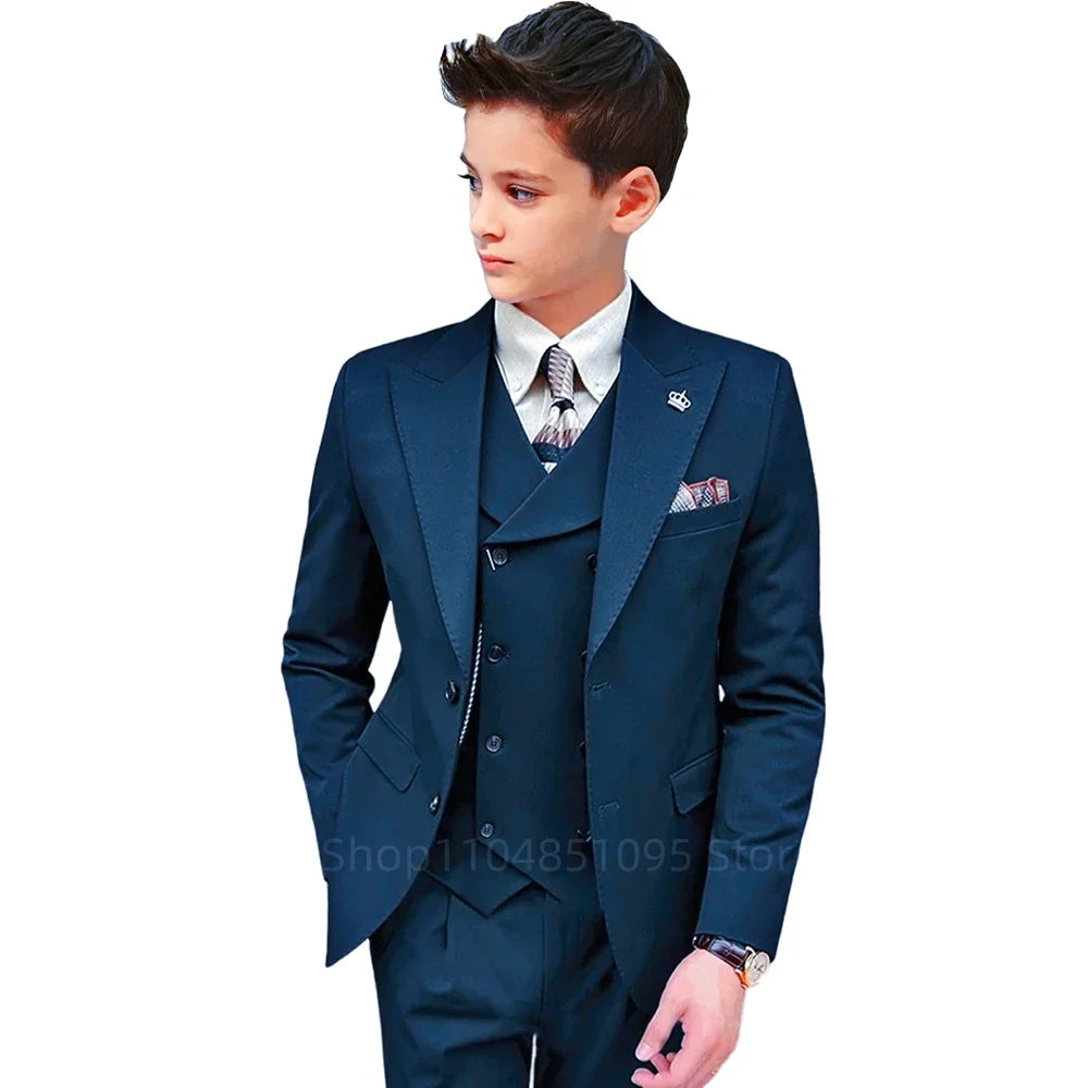 3 Piece Slim Fit Boy Fashion Suits Cutsom Flower Boy Wedding Tuxedo Prom Wedding Peak Lapel Jacket Vest Pants Set Children Suit