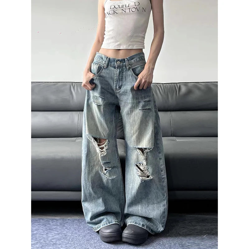 2025 Summer High Waist Ripped Women's Blue Jeans American Vintage Streetwear Y2K Wide Leg Jean 2000s Trouser Baggy Denim Pants