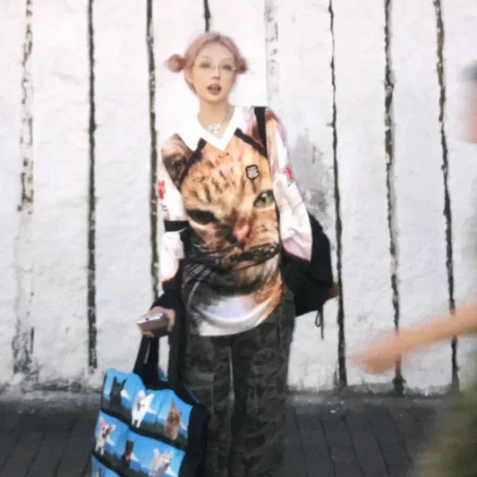 Japanese Y2k Kitten Print Jersey T-shirt Vintage Harajuku V-neck Long Sleeve Cat Tops American Retro Streetwear 2000s