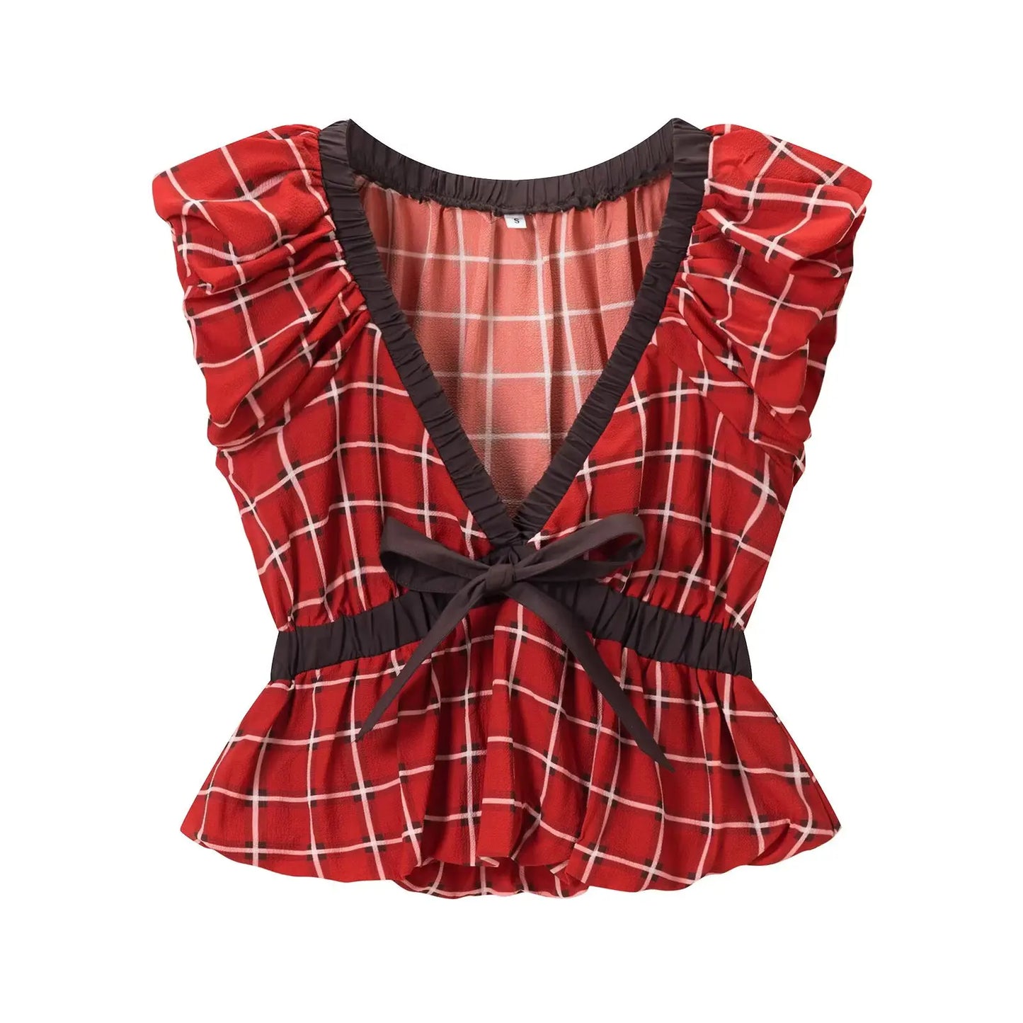 Casual Chic Women Tops Plaid V-Neck Sleeveless Bow Folds Short Tops Fashion 2026 Spring Summer Holiday Female Y2K Tops
