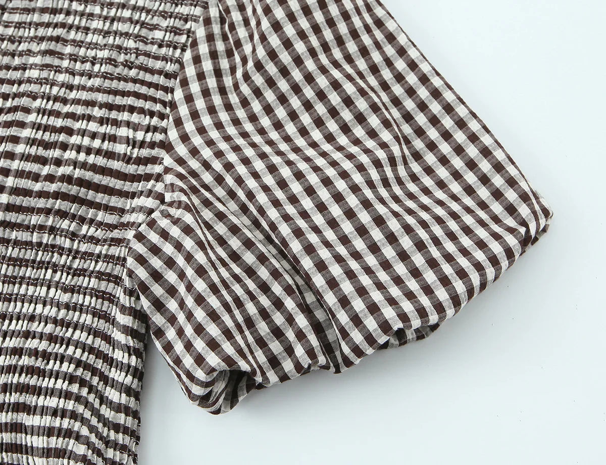 Spring Summer O-Neck Short Puff Sleeve Small Plaid Tops Women Back Button Decoration Tops Female Casual Wear 2026 New