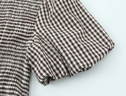 Spring Summer O-Neck Short Puff Sleeve Small Plaid Tops Women Back Button Decoration Tops Female Casual Wear 2026 New