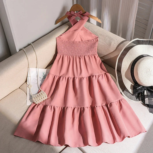 Girls 8-12 Pink Tiered Dress, Front Halter Neck Design & Tiered Ruffle Skirt, Casual Kids Wear