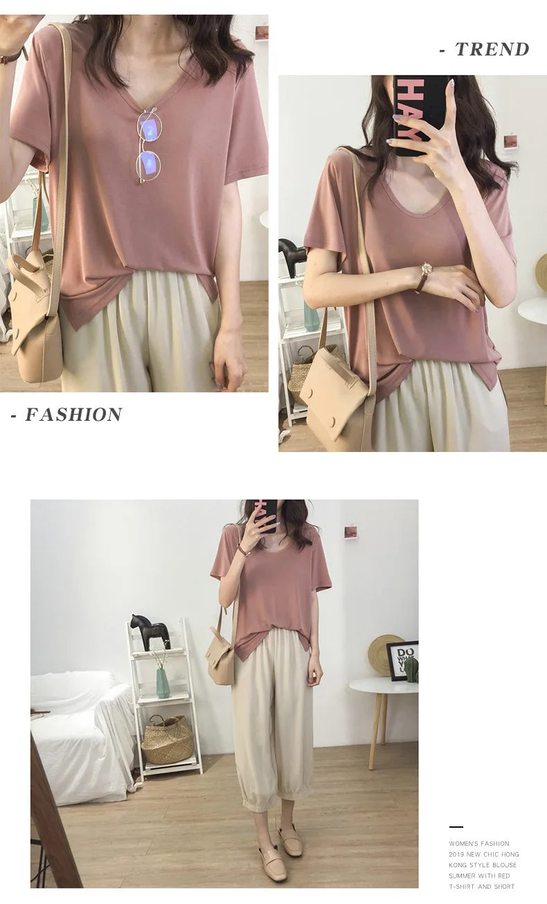 1pcs Girls Summer Solid T-shirts Women Classic Basic Fashion Tees Students Short Sleeve Loose Tops Female V Neck Comfort Tshirts