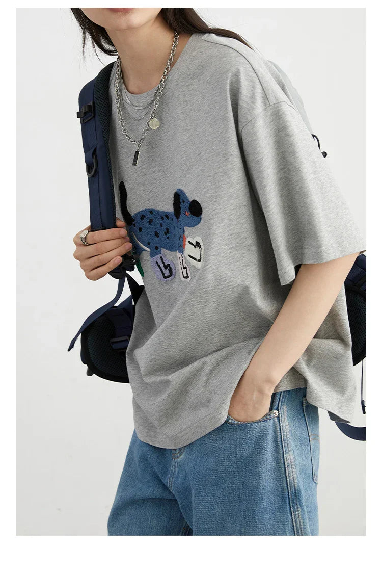 CHIC VEN Camisetas Femininas Soltas Streetwear Unissex Divertido Cão Bordado Manga Curta Algodão Blusas Menina Femininas Verão 2025