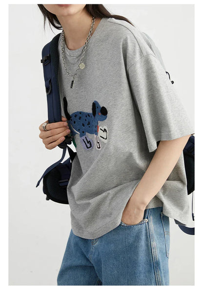 CHIC VEN Camisetas Femininas Soltas Streetwear Unissex Divertido Cão Bordado Manga Curta Algodão Blusas Menina Femininas Verão 2025