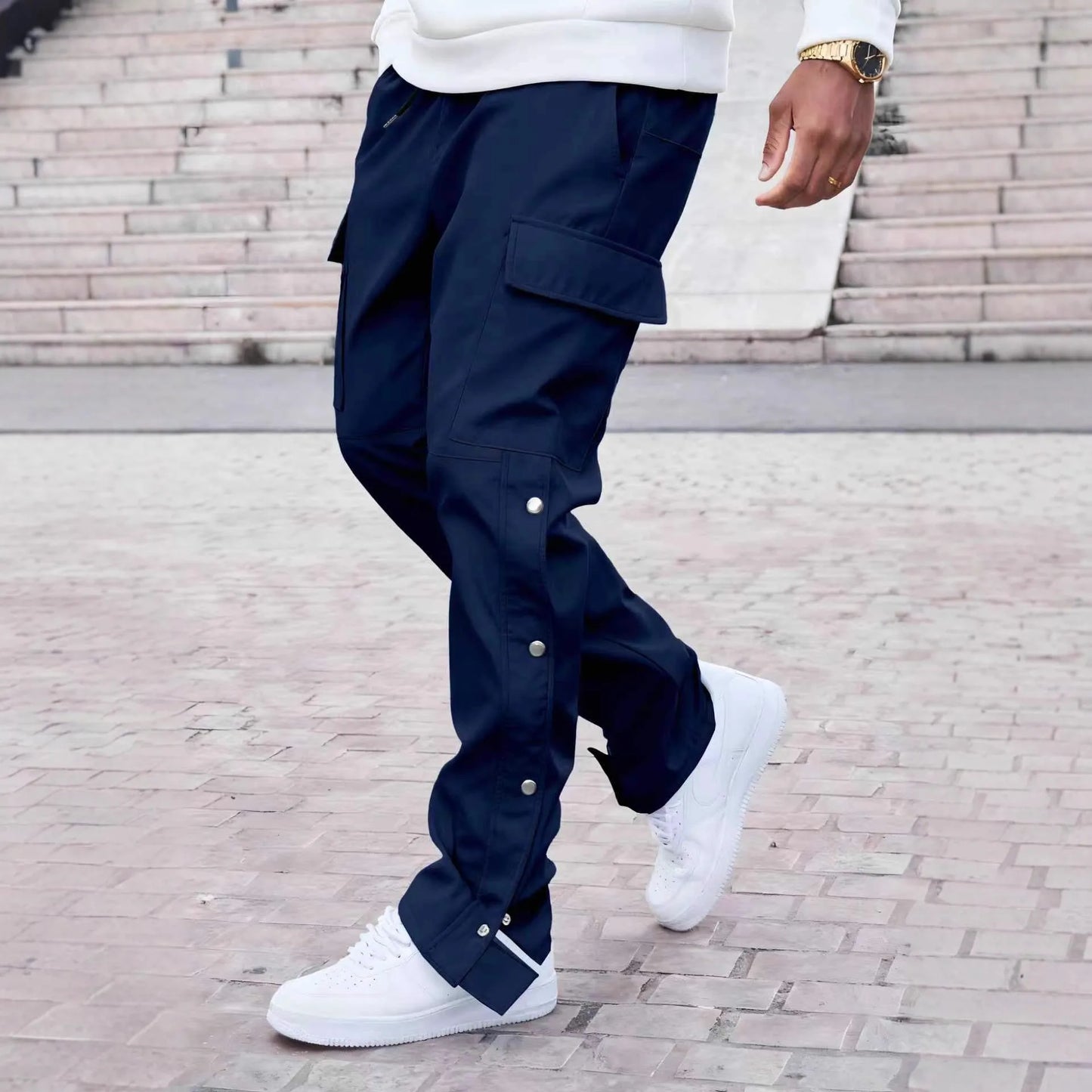 Younger generation school-style casual straight-legged drawstring men's trendy casual button-down long pants