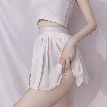 Elastic See Through A-Line Pleated Mini Solid Black Sheer Sexy High Waisted White Lace silk Short Skirts for Woman Spring Summer