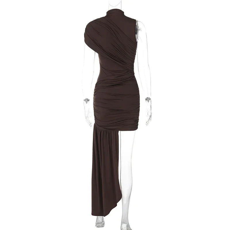 Irregular Draped Ruched Sexy Mini Dress For Women Elegant Turtleneck Sleeveless High Waist Pleated Club Party Dress