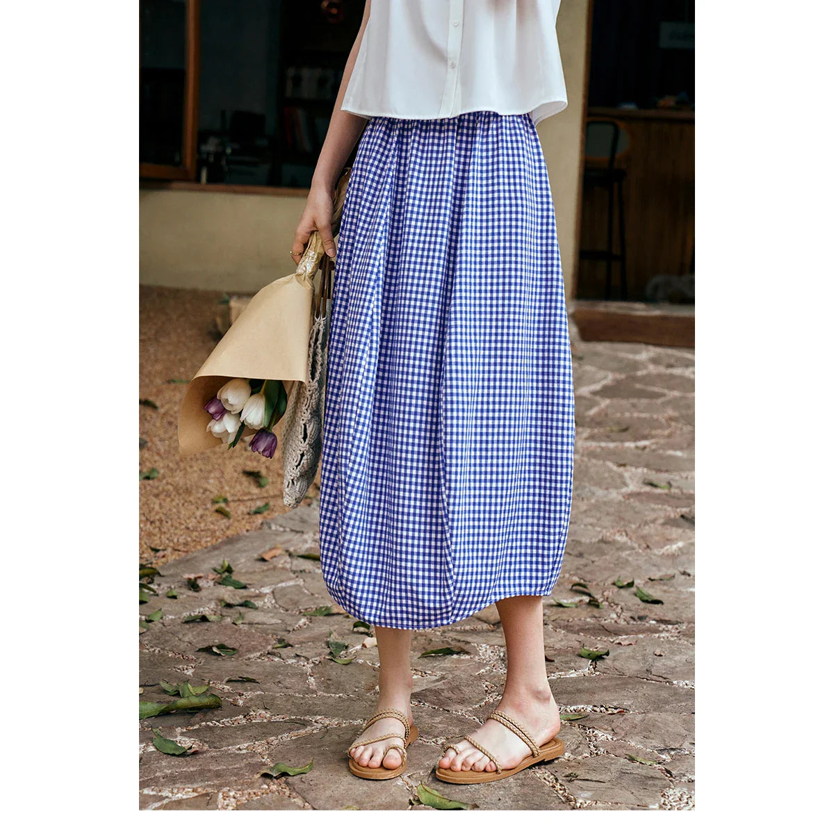 Women's Summer 2026 Midi Elastic Waistband Skirt Elegant Office Ladies Blue Plaid BUD Skirt Female Clothes O57XB99598