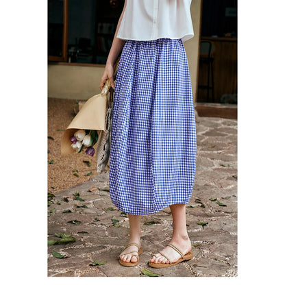 Women's Summer 2026 Midi Elastic Waistband Skirt Elegant Office Ladies Blue Plaid BUD Skirt Female Clothes O57XB99598
