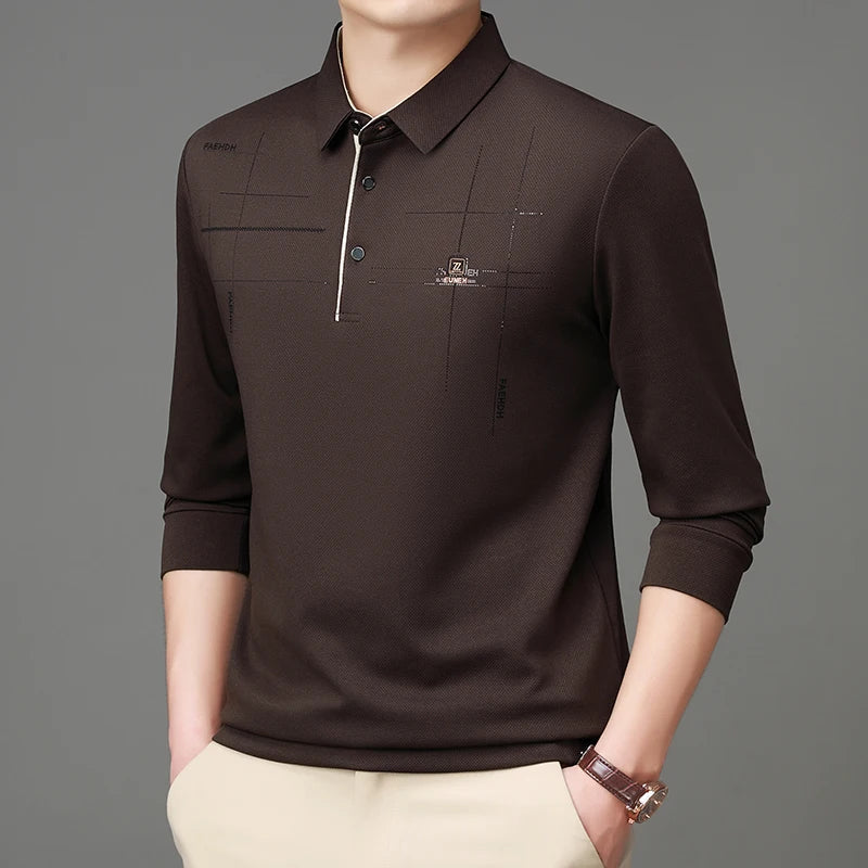 2025 Latest Autumn New Men's Long Sleeve Polo Shirt Middle Aged Business Comfortable Solid Color Men's Collar T-shirt