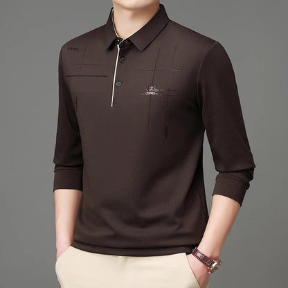 2025 Latest Autumn New Men's Long Sleeve Polo Shirt Middle Aged Business Comfortable Solid Color Men's Collar T-shirt