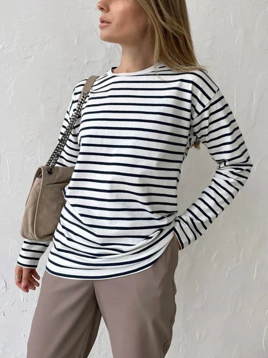 2025 Summer Long Sleeve Striped T-Shirts Women Basic Casual Tops Female Cozy Loose Cotton Tees Harajuku T Shirt New
