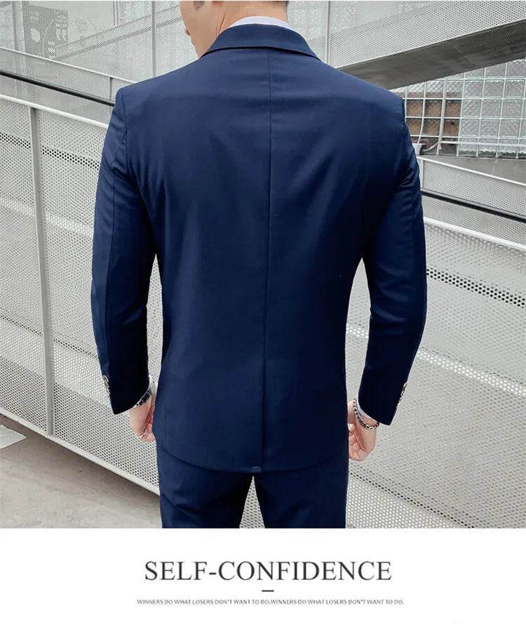 Solid Color Suit Men's Fashionable Gentleman Business Banquet Korean-style Formal Dress Casual Wedding (Blazer+Vest+Trousers)