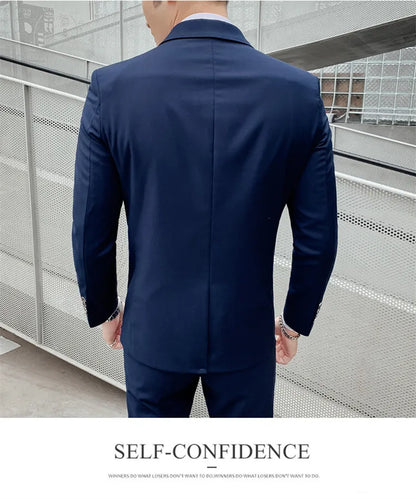 Solid Color Suit Men's Fashionable Gentleman Business Banquet Korean-style Formal Dress Casual Wedding (Blazer+Vest+Trousers)