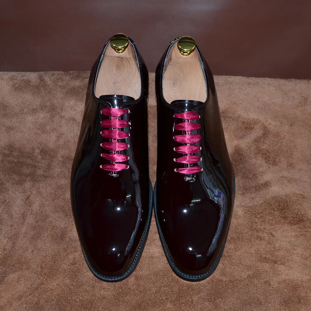 Luxury Men's Dress Shoes Burgundy Smooth Patent Leather Italian Whole Cut Plain Toe Oxford Lace-Up Wedding Party Formal Shoes