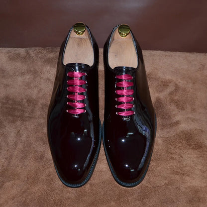 Luxury Men's Dress Shoes Burgundy Smooth Patent Leather Italian Whole Cut Plain Toe Oxford Lace-Up Wedding Party Formal Shoes