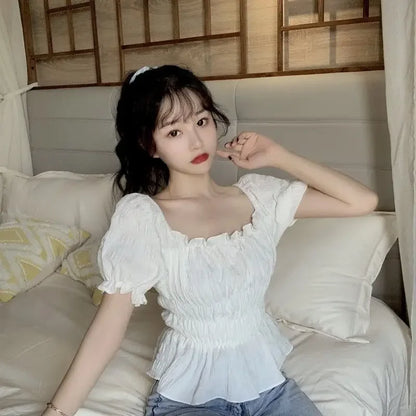 Short Chiffon Shirt Square Neck Top Puff Sleeve Design Women's Short Sleeve Thin Shirt  Womens Blouses Wholesale