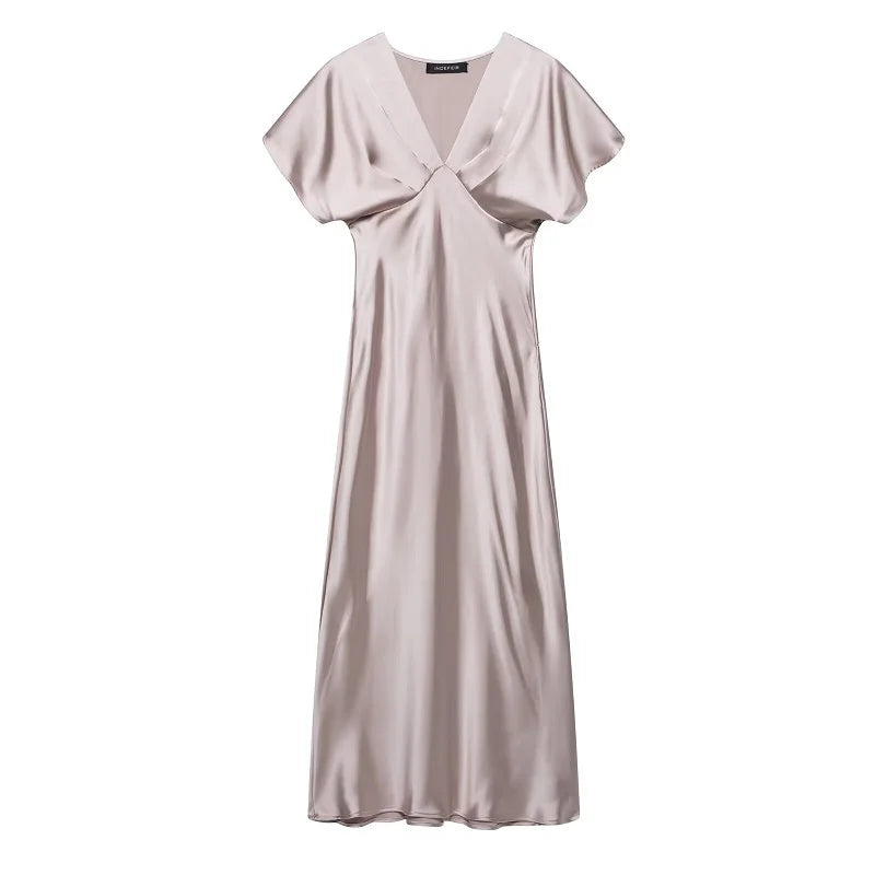 Satin Long Dress Woman Black Draped Midi Dresses for Women Elegant Party Women Dresses Short Sleeve Chic Female Dress