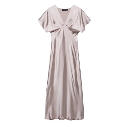 Satin Long Dress Woman Black Draped Midi Dresses for Women Elegant Party Women Dresses Short Sleeve Chic Female Dress