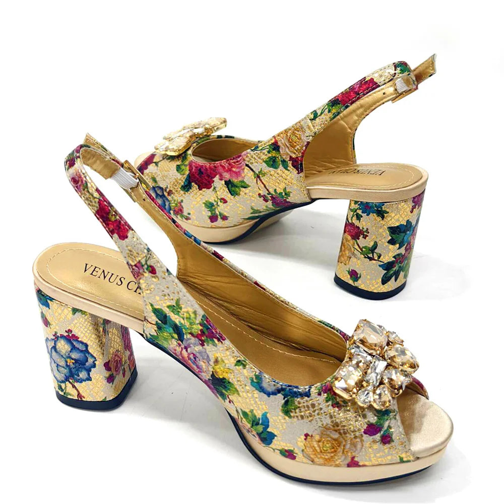 Italian Sandals and Bags Matching Set Women Heel Party for Gold Colour Wedding Bigger Size Thick Heel Shoes