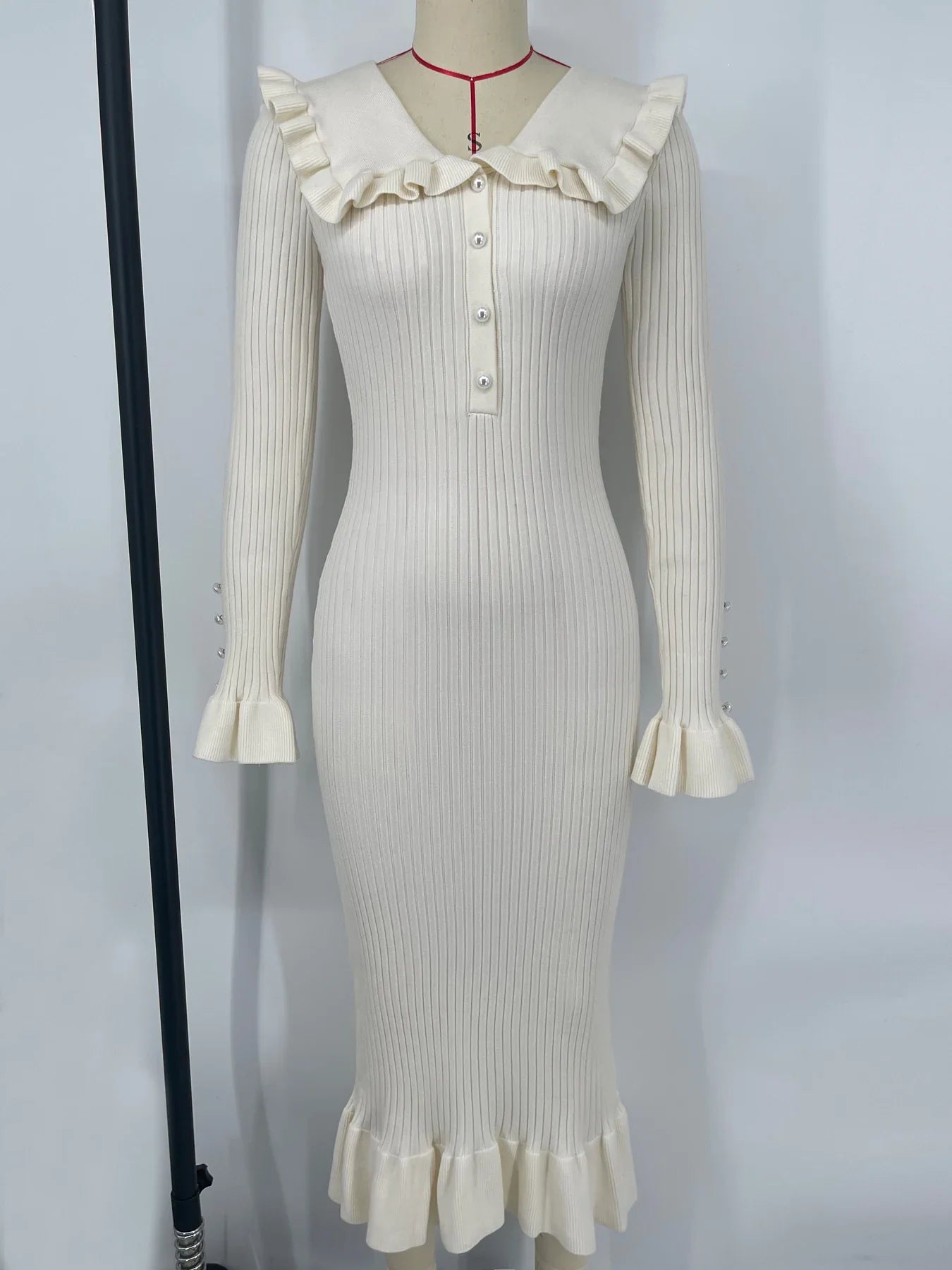 High Waist Ruffled Maxi Dresses For Women Autumn Winter Knitted Slim Long Dress Women's Vintage Dress Woman Retro Elegant