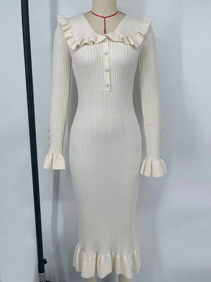 High Waist Ruffled Maxi Dresses For Women Autumn Winter Knitted Slim Long Dress Women's Vintage Dress Woman Retro Elegant
