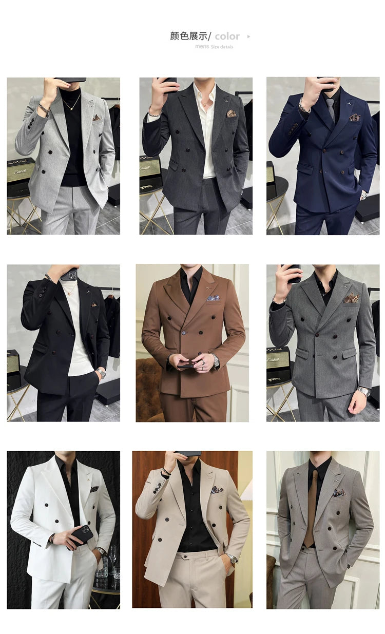 ( Blazers + Pants ) Boutique Fashion Solid Color Double-breasted Men's Casual Business Slim Suit 2-piece Set Groom Wedding Dress