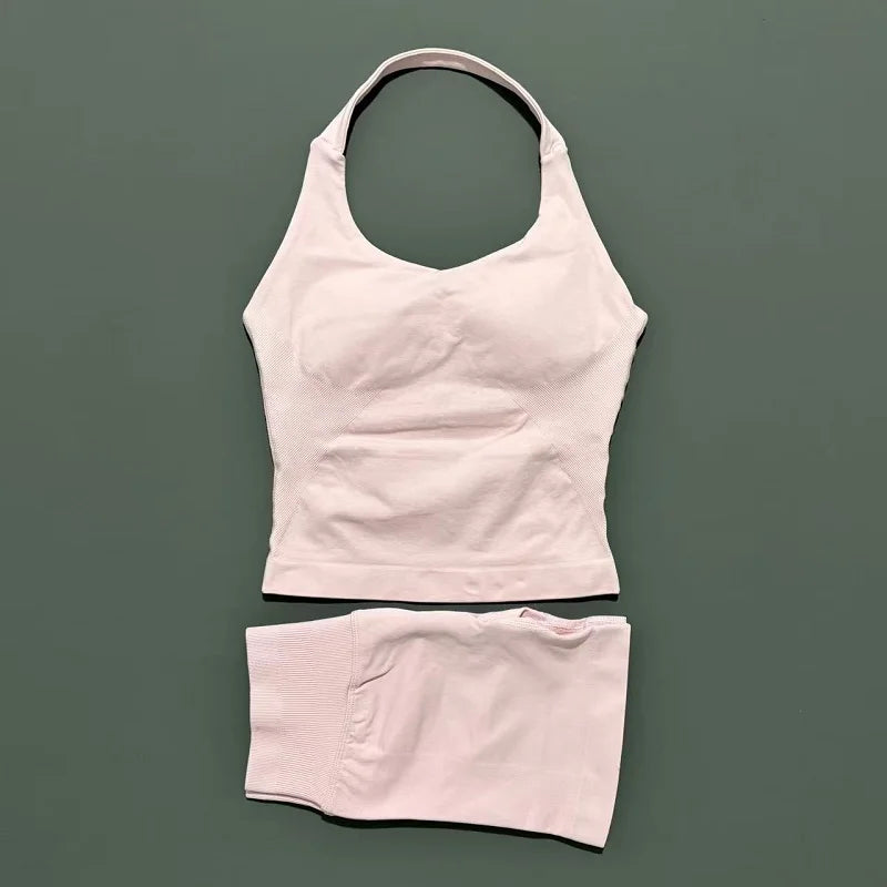 Women Seamless Gym Set 2Pcs Halter Neck Sports Crop Top High Waist Scrunch Butt Shorts Workout Fitness Yoga Tracksuit Sportswear
