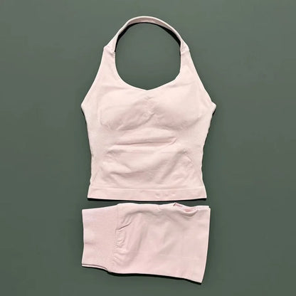 Women Seamless Gym Set 2Pcs Halter Neck Sports Crop Top High Waist Scrunch Butt Shorts Workout Fitness Yoga Tracksuit Sportswear