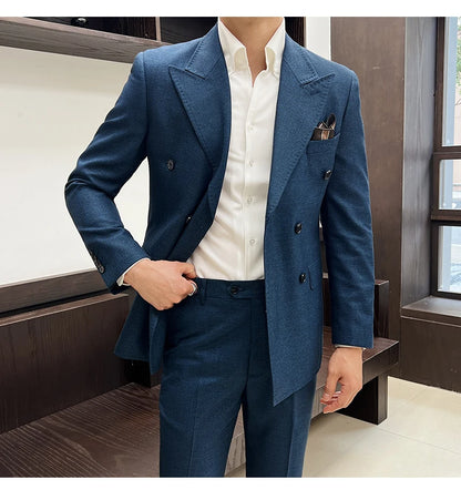 Men Vintage Luxury Double Breasted Slim Fit Lapel Evening Gown ltalian Style Fashion High-end Groom Wedding Party Tuxedo 2 Piece