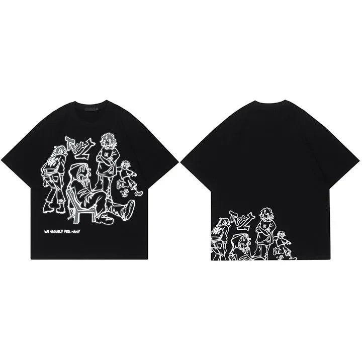 Harajuku Cartoon Girl Cat Japanese Kanji Graphic T Shirt Streetwear Men T-Shirt Summer Short Sleeve Tshirt Tops Tees Unisex