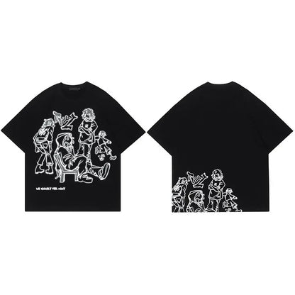 Harajuku Cartoon Girl Cat Japanese Kanji Graphic T Shirt Streetwear Men T-Shirt Summer Short Sleeve Tshirt Tops Tees Unisex
