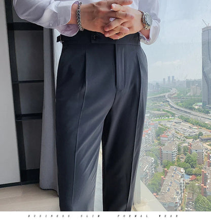 Men British Style Suits Pants New Male Solid High Waist Trousers High Quality Men Formal Slim Fit Business Casual Suit Pants