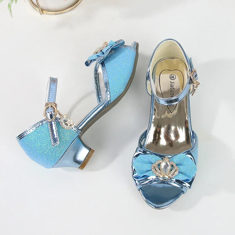 Girls Princess Sandals Summer Open-toe Elegant Children High Heels Fashion Sequins Crown Kids Causal Glitter Wedding Dress Shoes