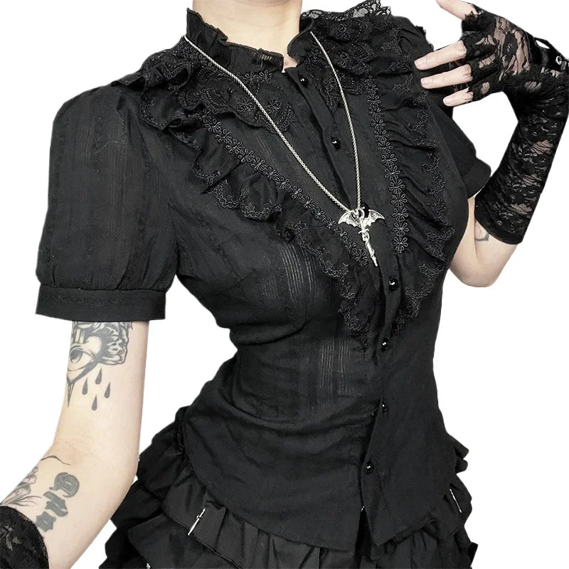Cotton Shirts Women Vintage Gothic Black White Jacquard Short Sleeve Blouses Elegant Office Lady Y2k Tops