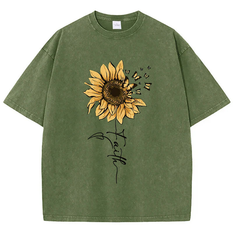 Sunflower And Butterfly Cotton Washed T-Shirt Women Prints Tops Summer O-Neck Oversized T Shirts Vintage Black Woman Clothes