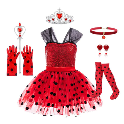 Girl Polka Dot Princess Dress Ladybug Dress Up Fur Ball Headband Black and Red Dress Halloween Cosplay costume Carnival Clothes