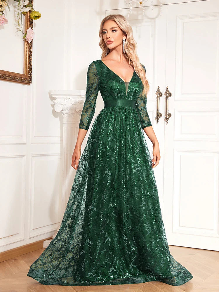 New Elegant Blue V-Neck Floral Evening Dress Long 2025 Luxury Women Long Sleeve Wedding Party Cocktail Dress Prom