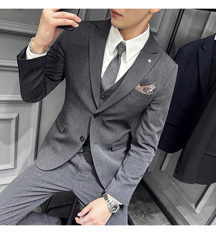 Slim Fit Men's Three Piece Suit Thin Single Button Notch Lapel Casual Fashion Cotton Blend Spring Autumn Wear for Youth