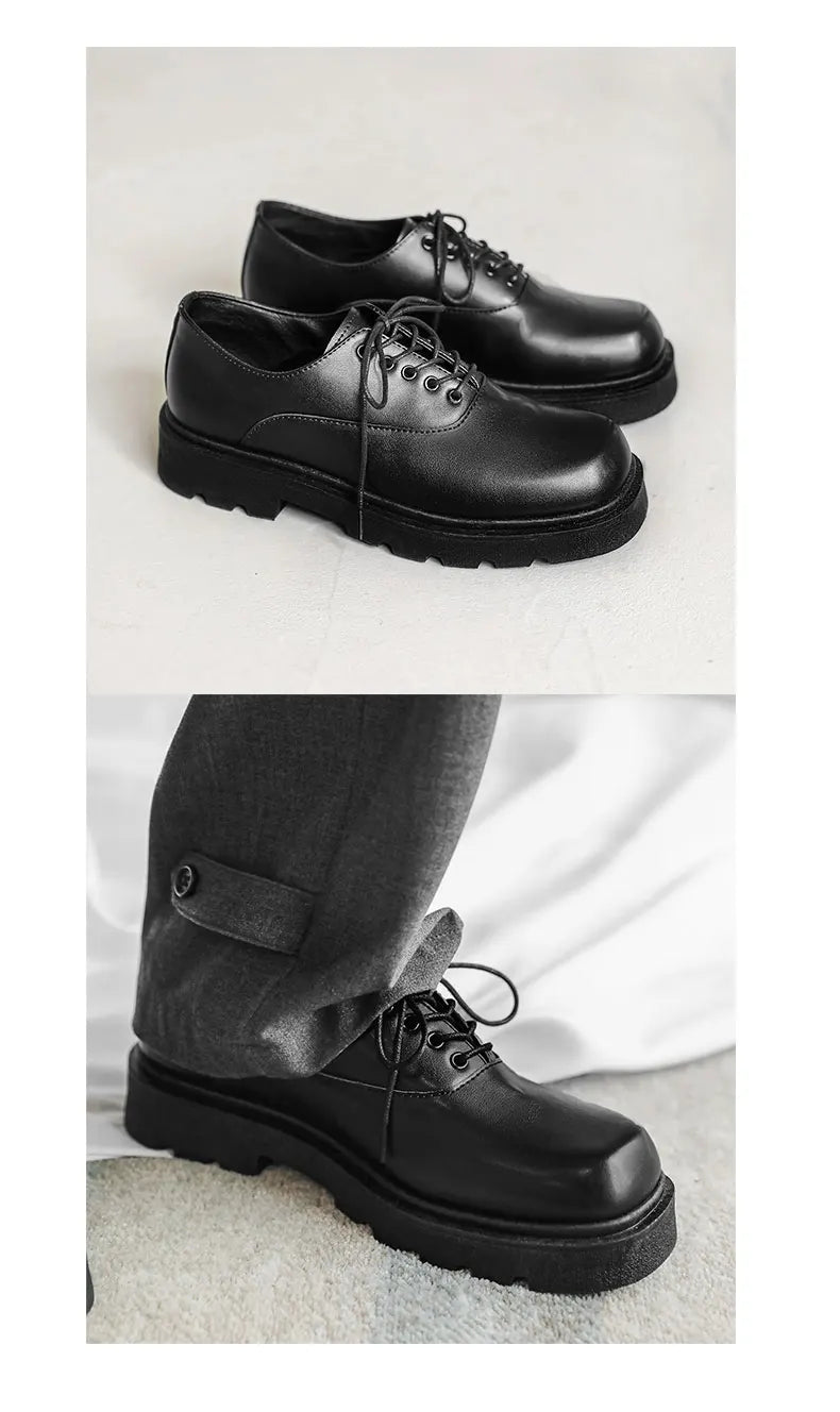 Men's Formal Shoes with Flat Heel Low Top Lace-up Solid Color Thick Sole Unique and Fashionable New Style Leather Shoes
