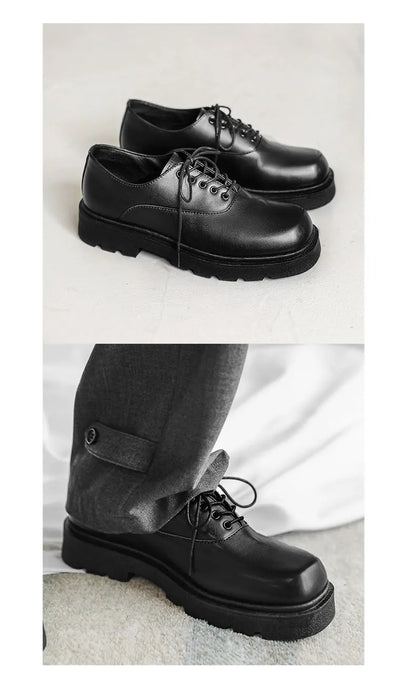 Men's Formal Shoes with Flat Heel Low Top Lace-up Solid Color Thick Sole Unique and Fashionable New Style Leather Shoes