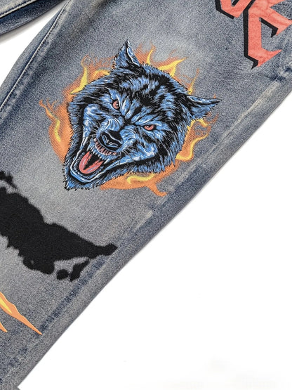 New M4 Wolf Head Flame Print Y2K Full Sweep Retro Trend Straight Jeans