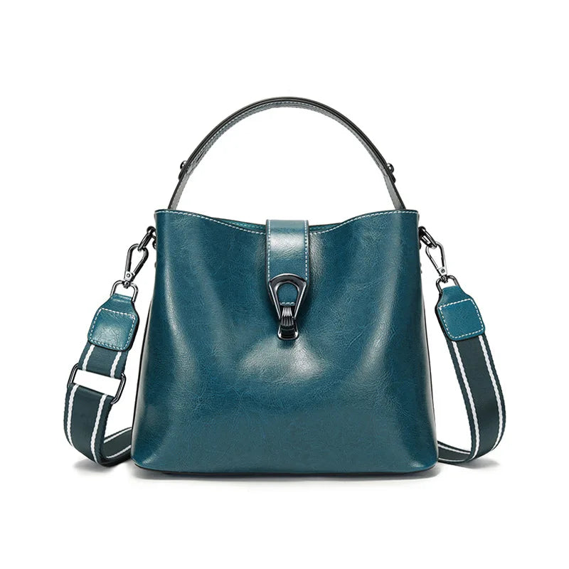 Real Oil Wax Leather Women's Bucket Bag Casual and Simple Handbag Large Capacity Ladies Cowhide Fashionable Crossbody Tote Bag