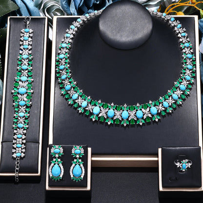 New Luxury Green Blue CZ Crystal Turquoise Earrings Necklace 4PCS Wedding Bridal Jewelry Set for Party