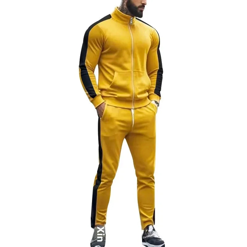 2025 Spring Autumn Men's 2-Piece Set Color Blocking Zipper Stand Collar Casual Sports Jacket Sweatshirt Trousers Suit