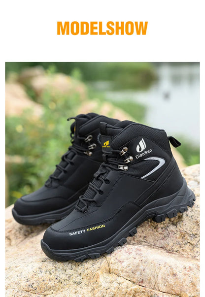 Men Work Boots Puncture-Proof Waterproof Work Shoes Steel Toe Safety Boots Industrial Indestructible Boots Side Leather Shoes