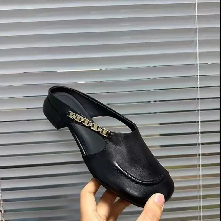 Women's Stylish Genuine Leather Mule Loafers with Metal Buckle Low Heel Slip On Flats Casual Driving Shoes